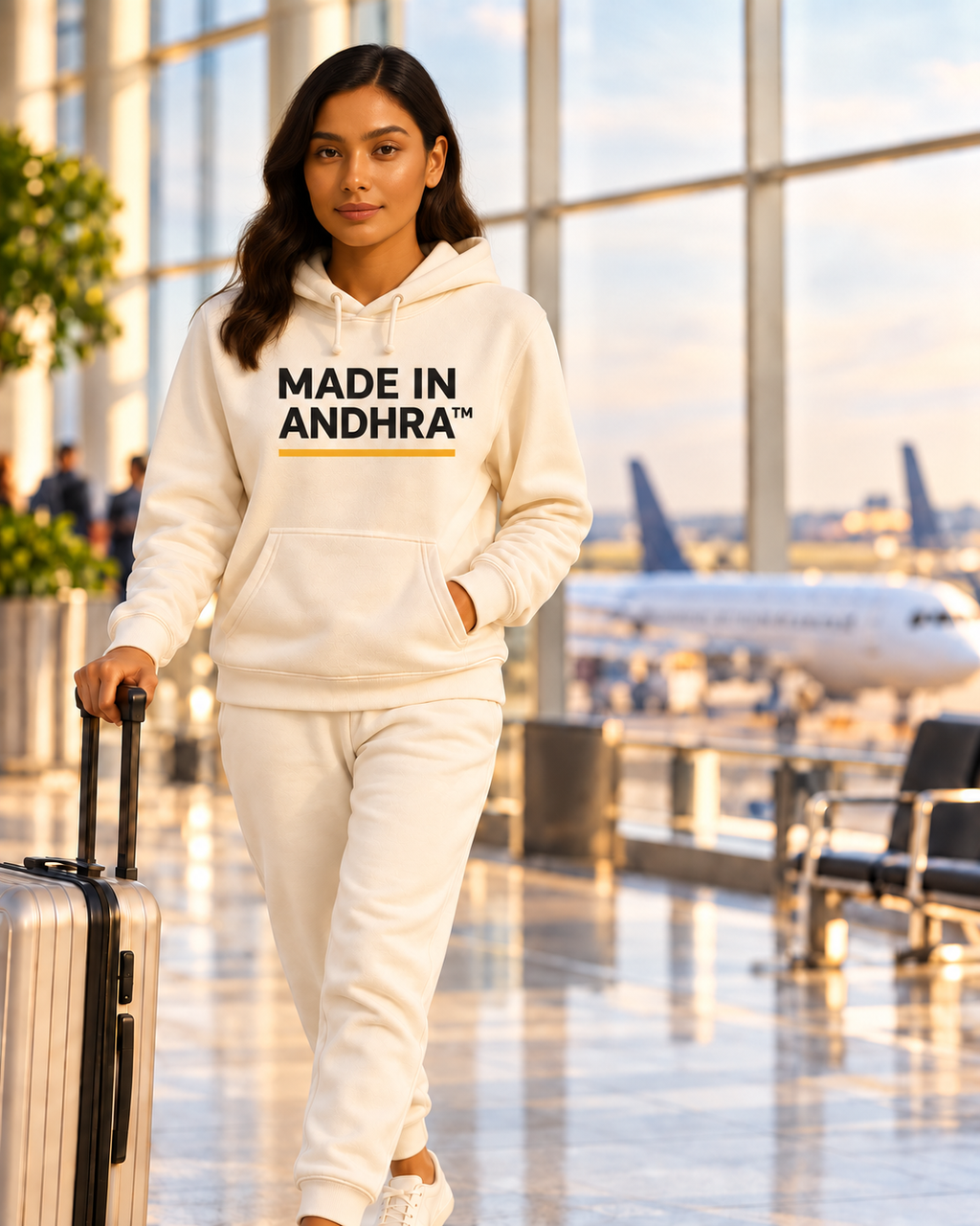 Cream women's airport hoodie featuring bold black "Made in Andhra" lettering with a yellow underline, front pouch pocket, and drawstring hood.