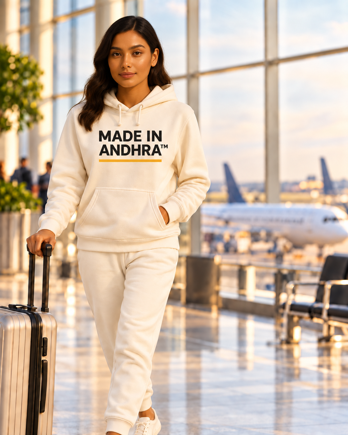 Cream women's airport hoodie featuring bold black "Made in Andhra" lettering with a yellow underline, front pouch pocket, and drawstring hood.