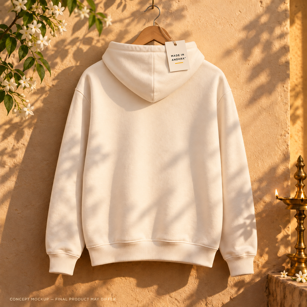 MADE IN ANDHRA™ Benz Circle Boyz Hoodie — back view, plain cream fleece; concept mockup, final product may differ