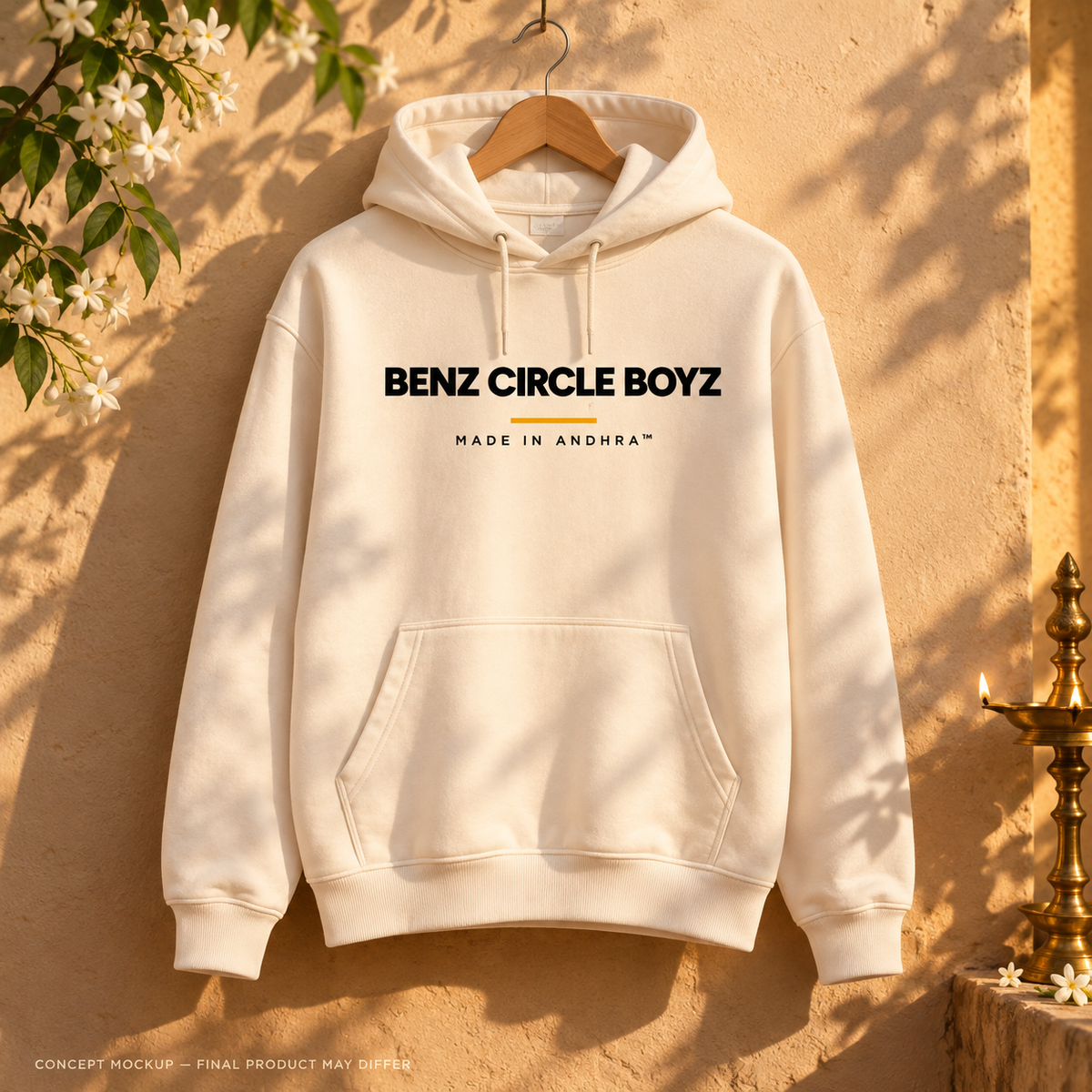 MADE IN ANDHRA™ Benz Circle Boyz Hoodie — front view, cream fleece with BENZ CIRCLE BOYZ chest print; concept mockup, final product may differ