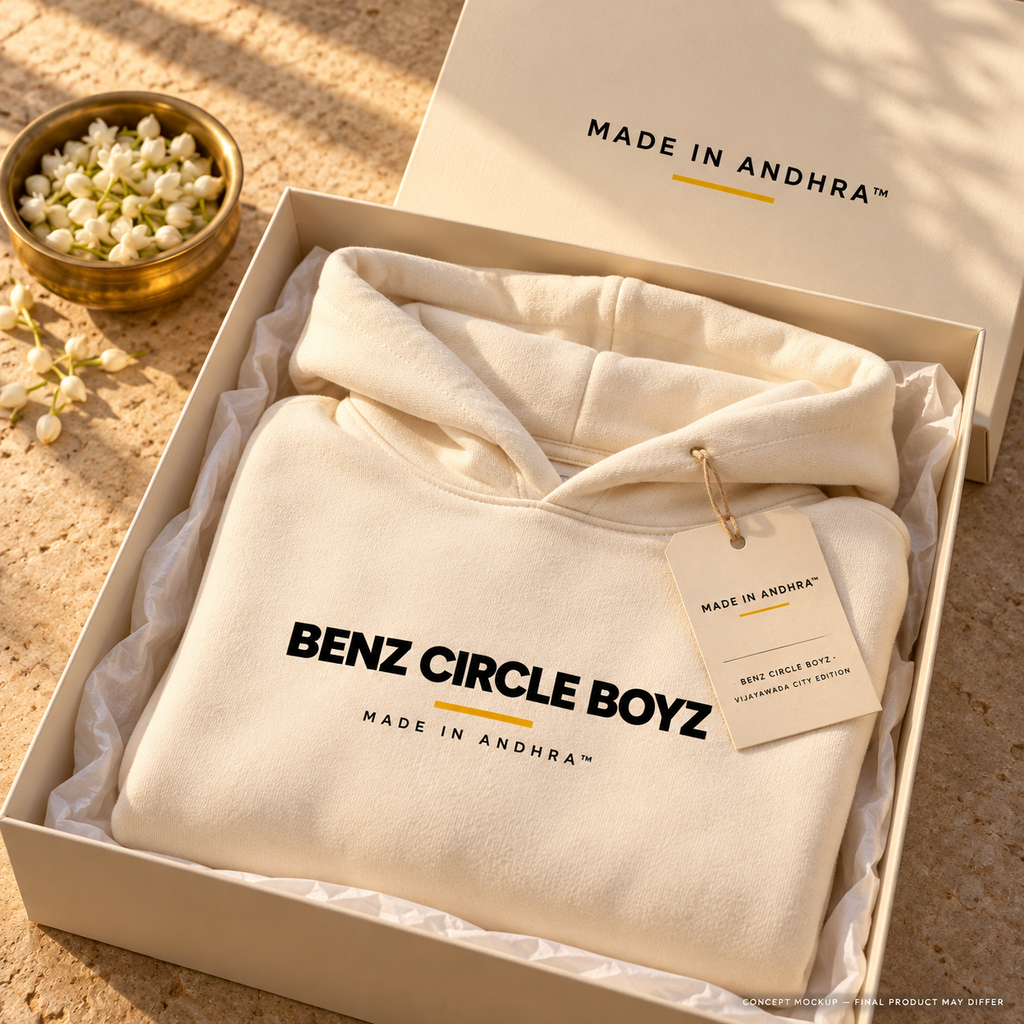 MADE IN ANDHRA™ Benz Circle Boyz Hoodie — folded in the MADE IN ANDHRA™ gift box with Vijayawada City Edition hang tag; concept mockup, final product may differ