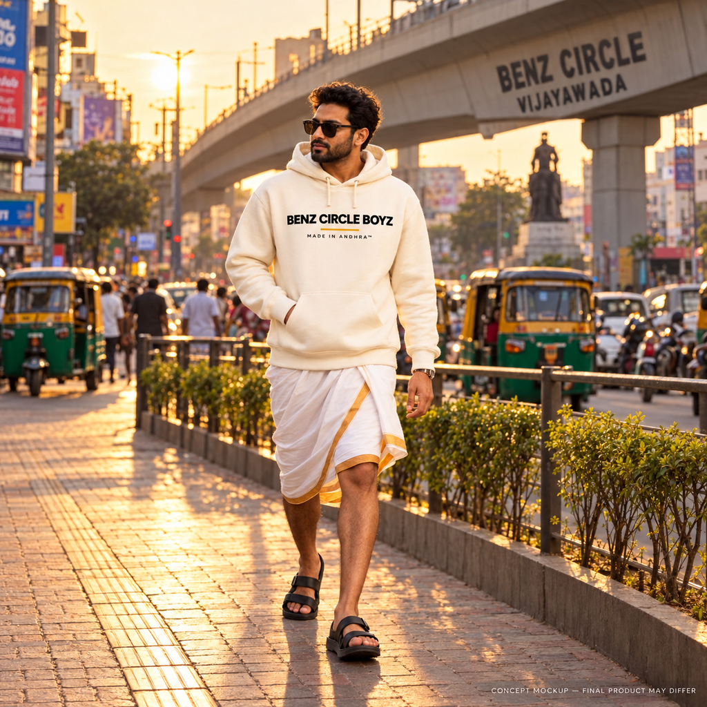 MADE IN ANDHRA™ Benz Circle Boyz Hoodie — worn under the Benz Circle flyover, Vijayawada; concept mockup, final product may differ