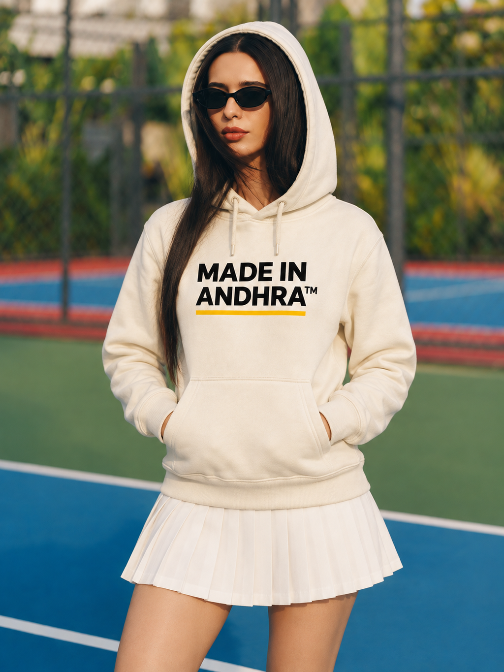 Made in Andhra™ Women's Cream Airport Hoodie — hood up, hands in the kangaroo pocket
