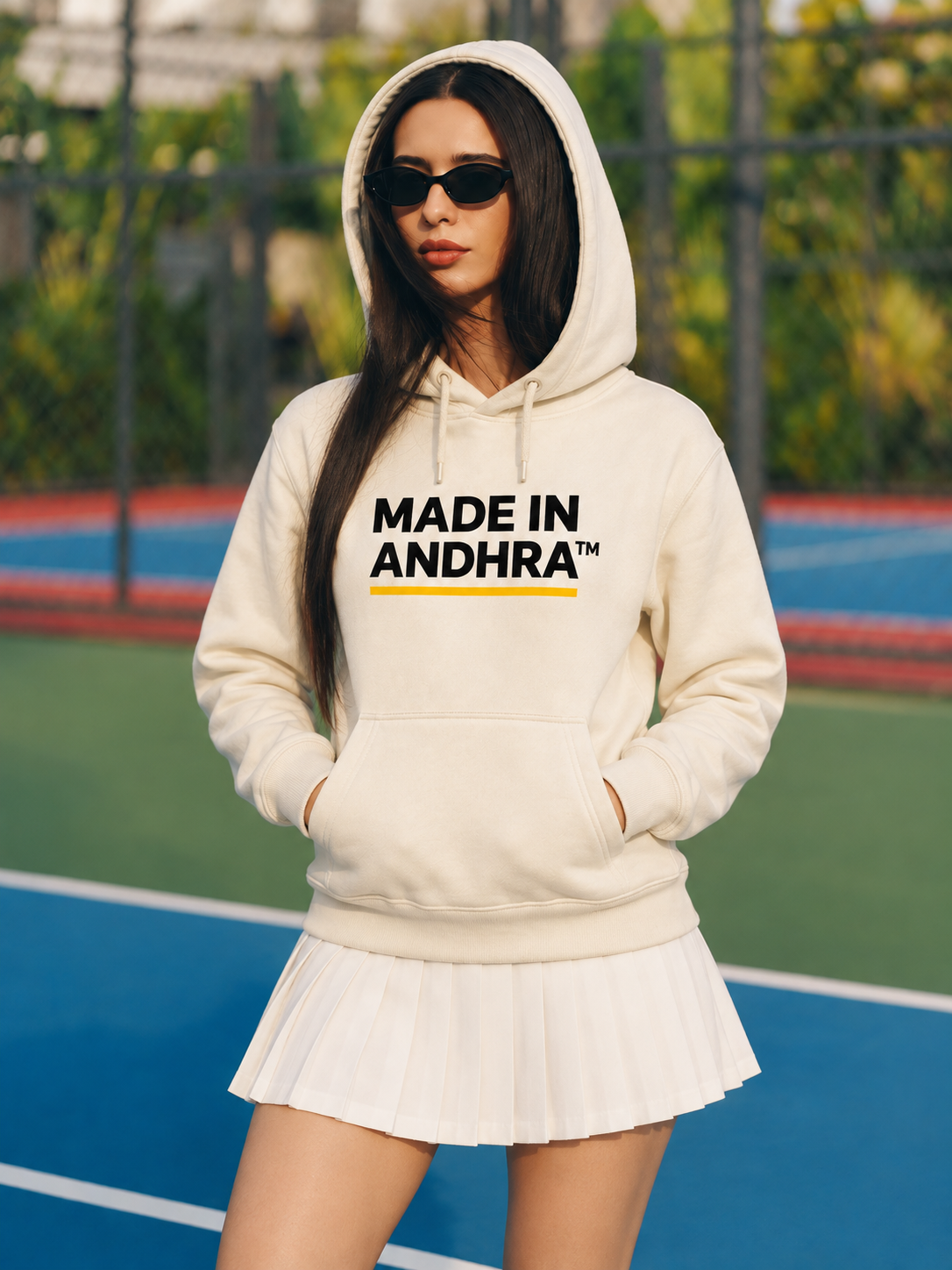 Made in Andhra™ Women's Cream Airport Hoodie — hood up, hands in the kangaroo pocket