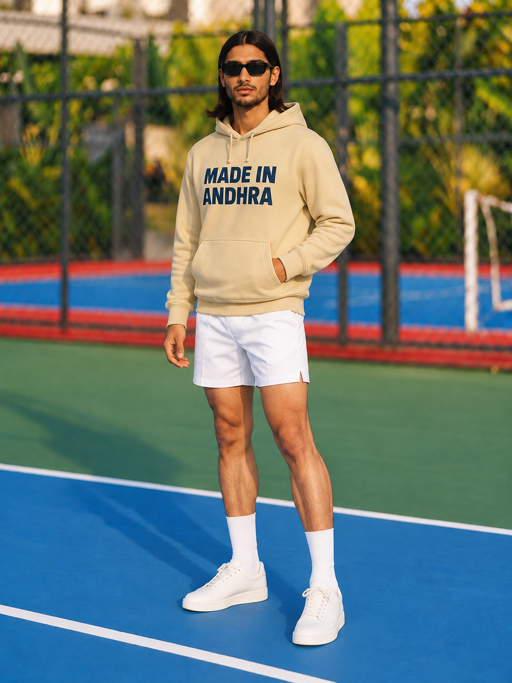 Made in Andhra™ Classic Beige Hoodie — men threequarter