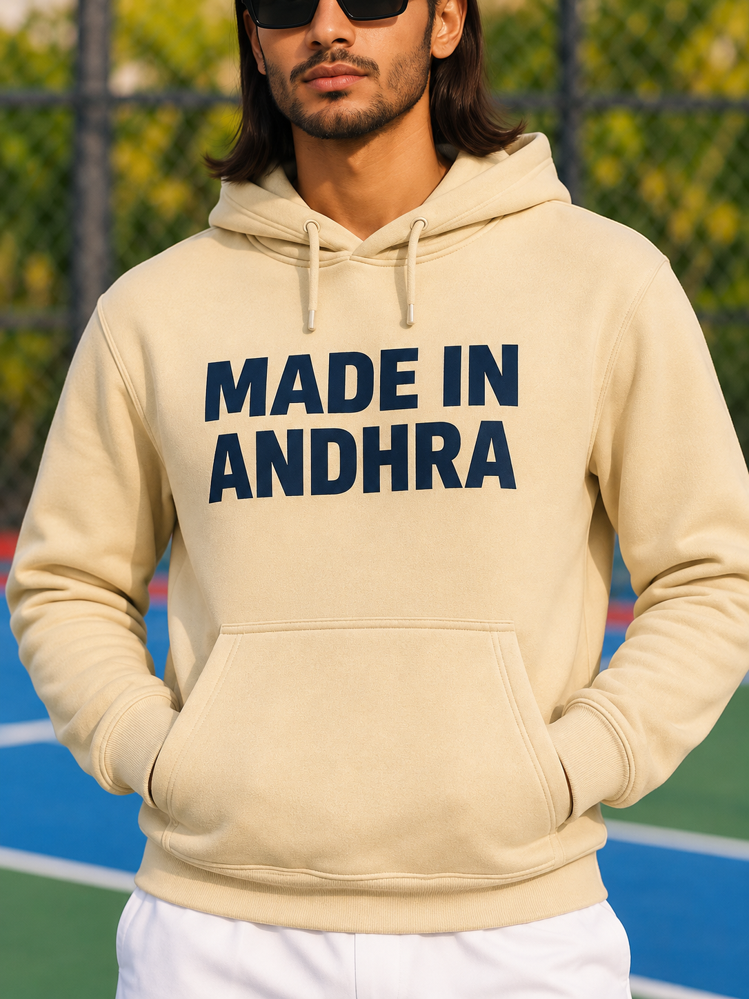 Made in Andhra™ Classic Beige Hoodie — men detail