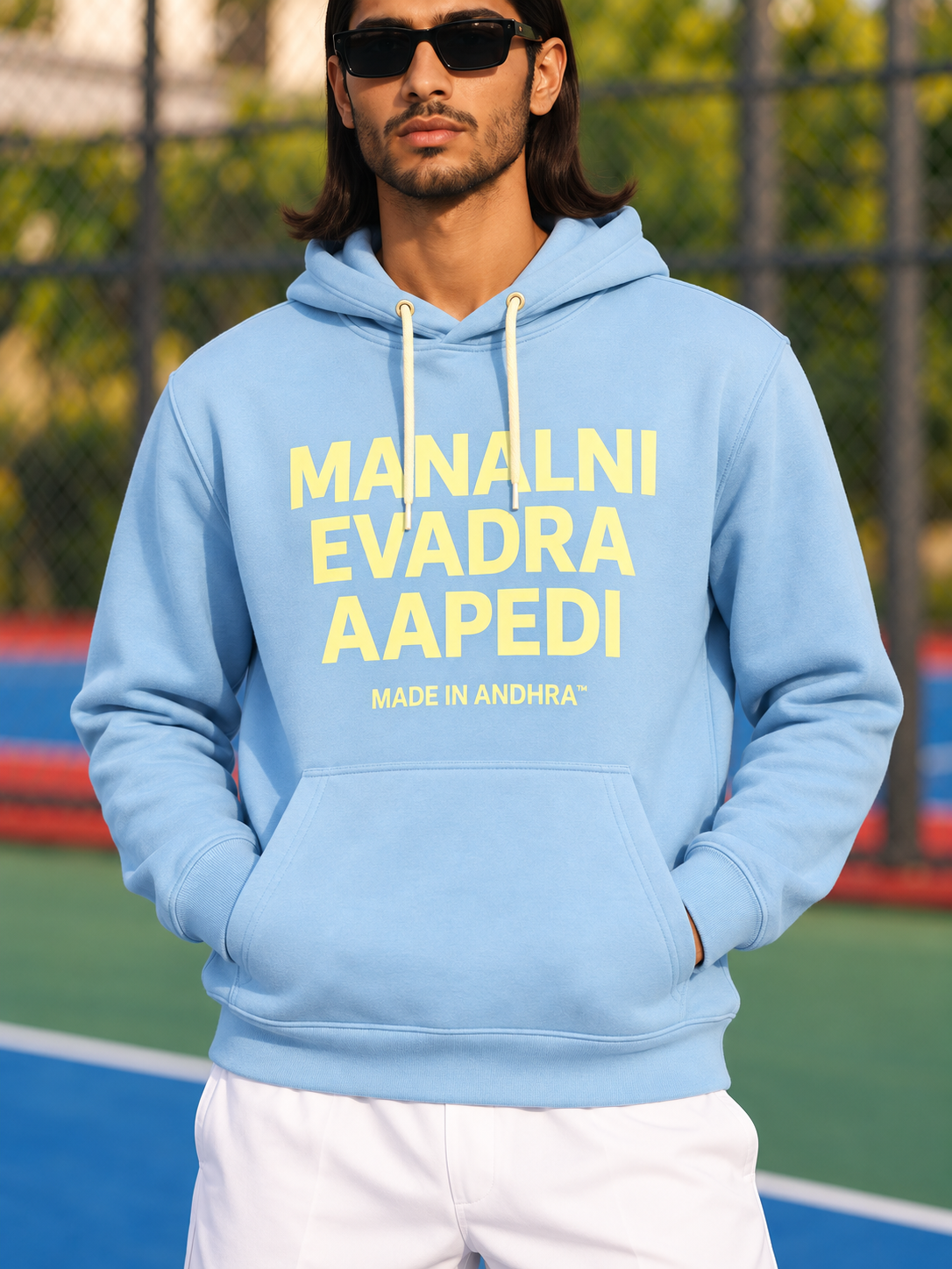 Made in Andhra™ Manalni Evadra Aapedi Hoodie — men detail