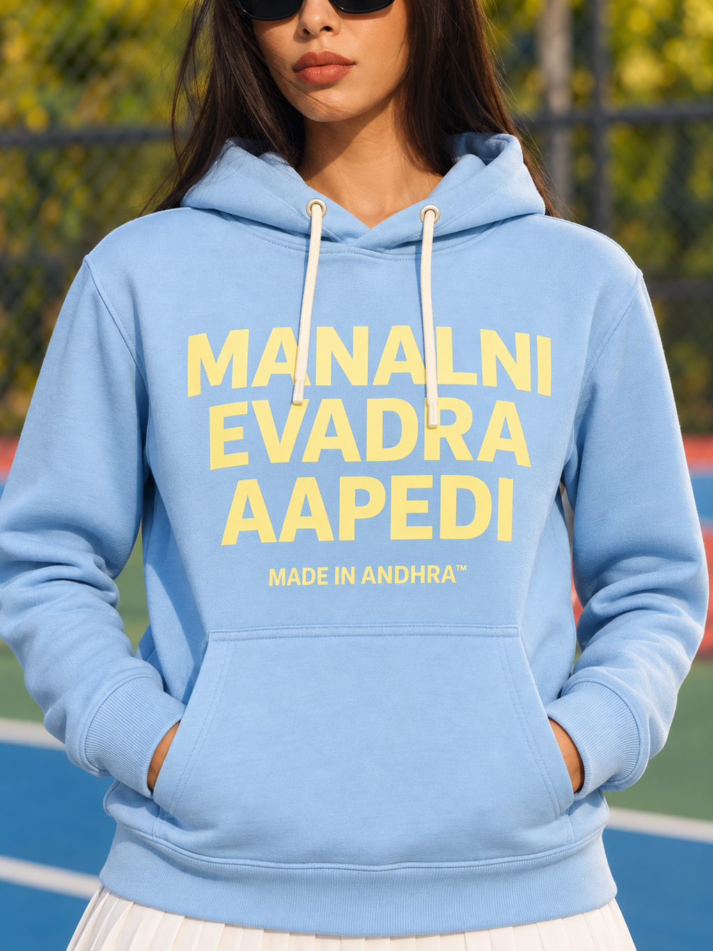 Made in Andhra™ Manalni Evadra Aapedi Hoodie — women close-up of product artwork or texture