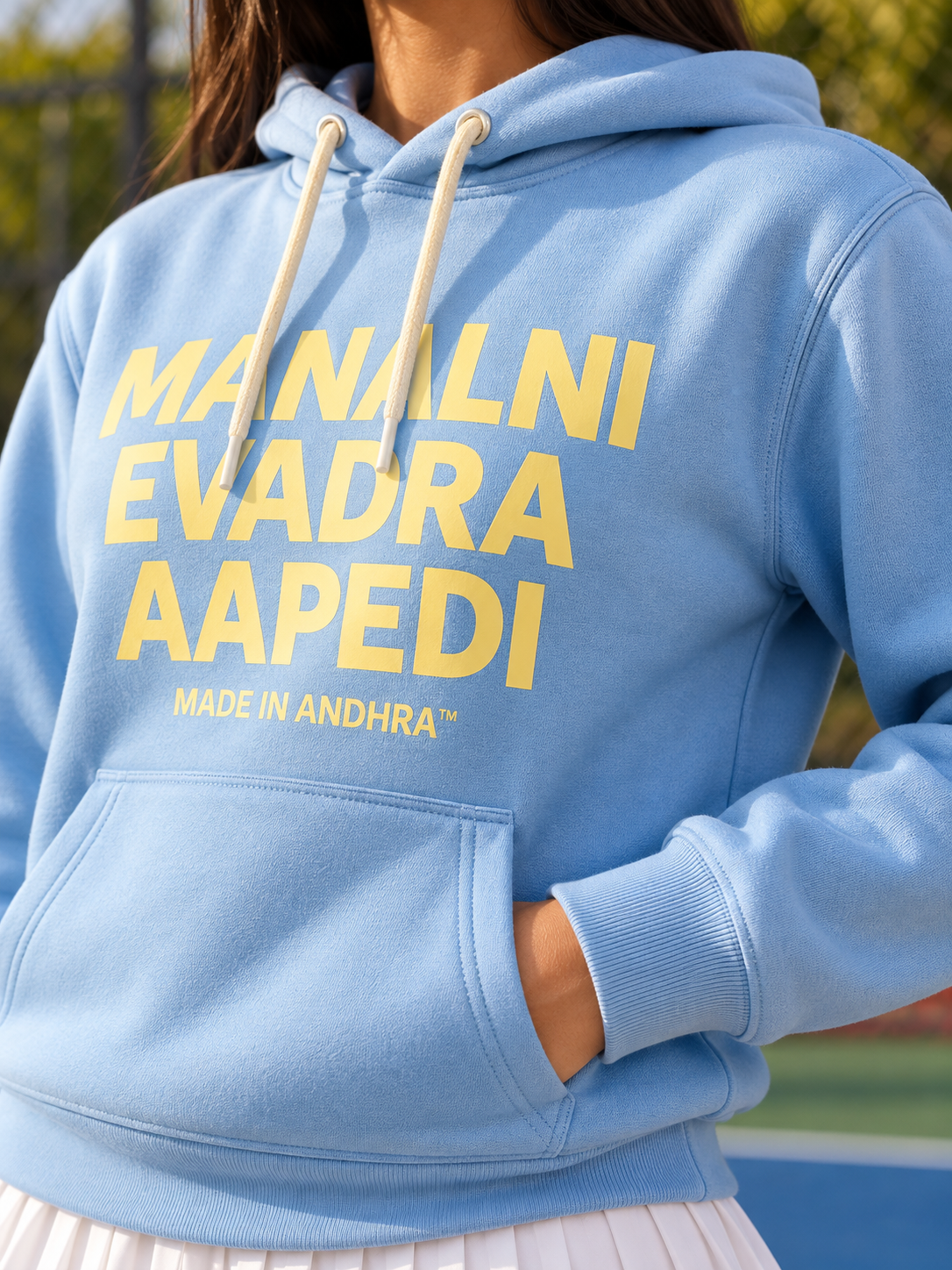 Made in Andhra™ Manalni Evadra Aapedi Hoodie — women close-up of construction and finishing