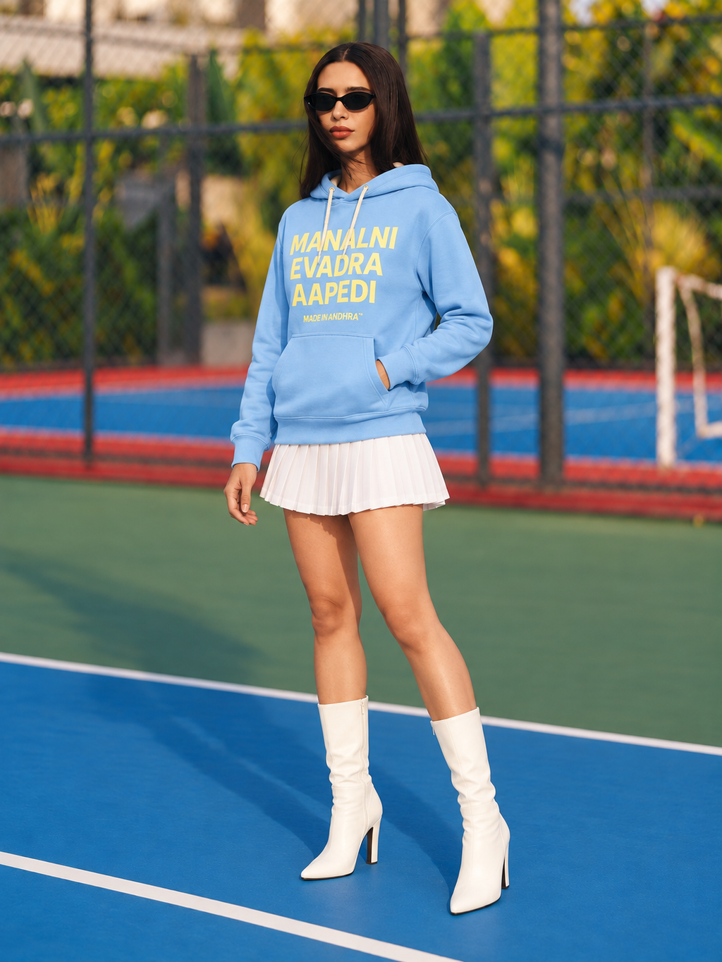 Made in Andhra™ Manalni Evadra Aapedi Hoodie — women three-quarter front