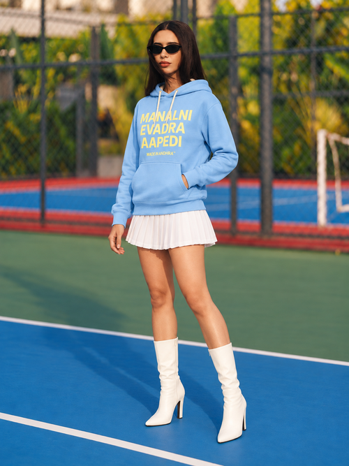 Made in Andhra™ Manalni Evadra Aapedi Hoodie — women three-quarter front