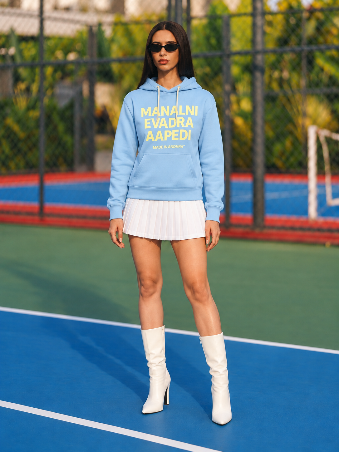 Made in Andhra™ Manalni Evadra Aapedi Hoodie — women front