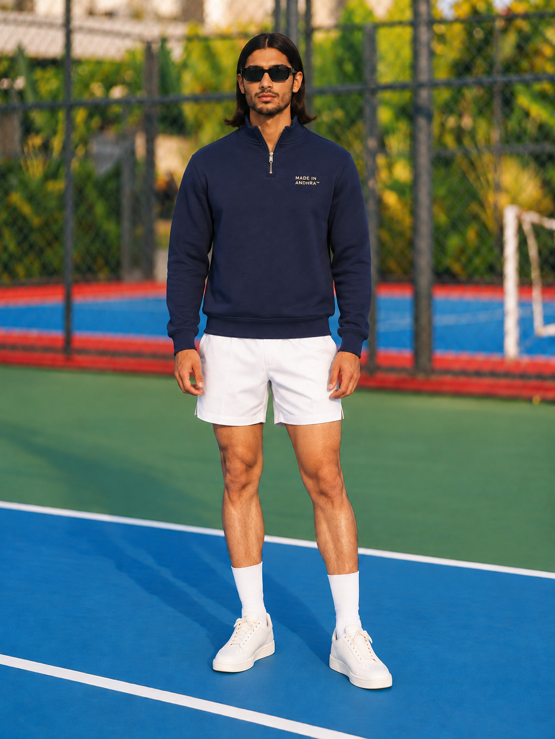 Made in Andhra™ Navy Quarter-Zip Sweatshirt — men front