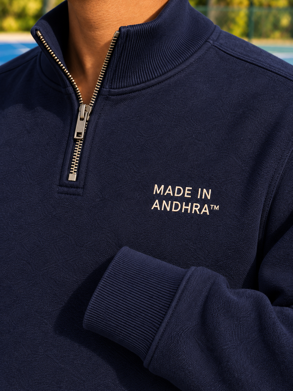 Made in Andhra™ Navy Quarter-Zip Sweatshirt — men construction