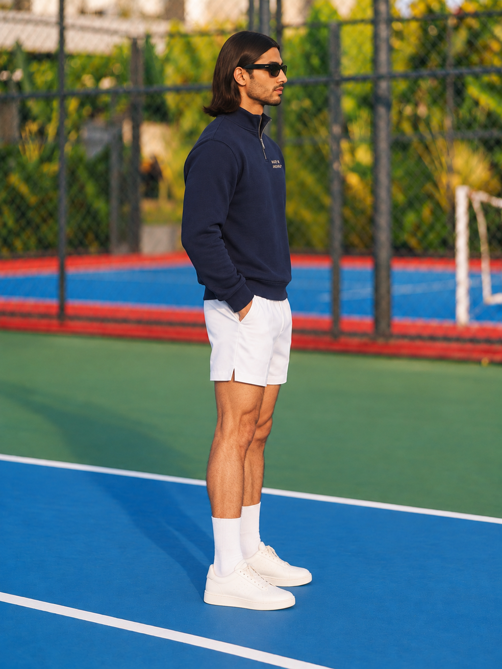 Made in Andhra™ Navy Quarter-Zip Sweatshirt — men right