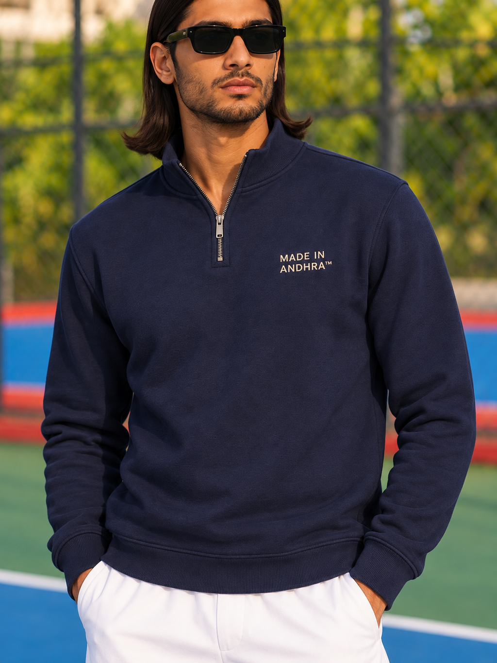 Made in Andhra™ Navy Quarter-Zip Sweatshirt — men detail