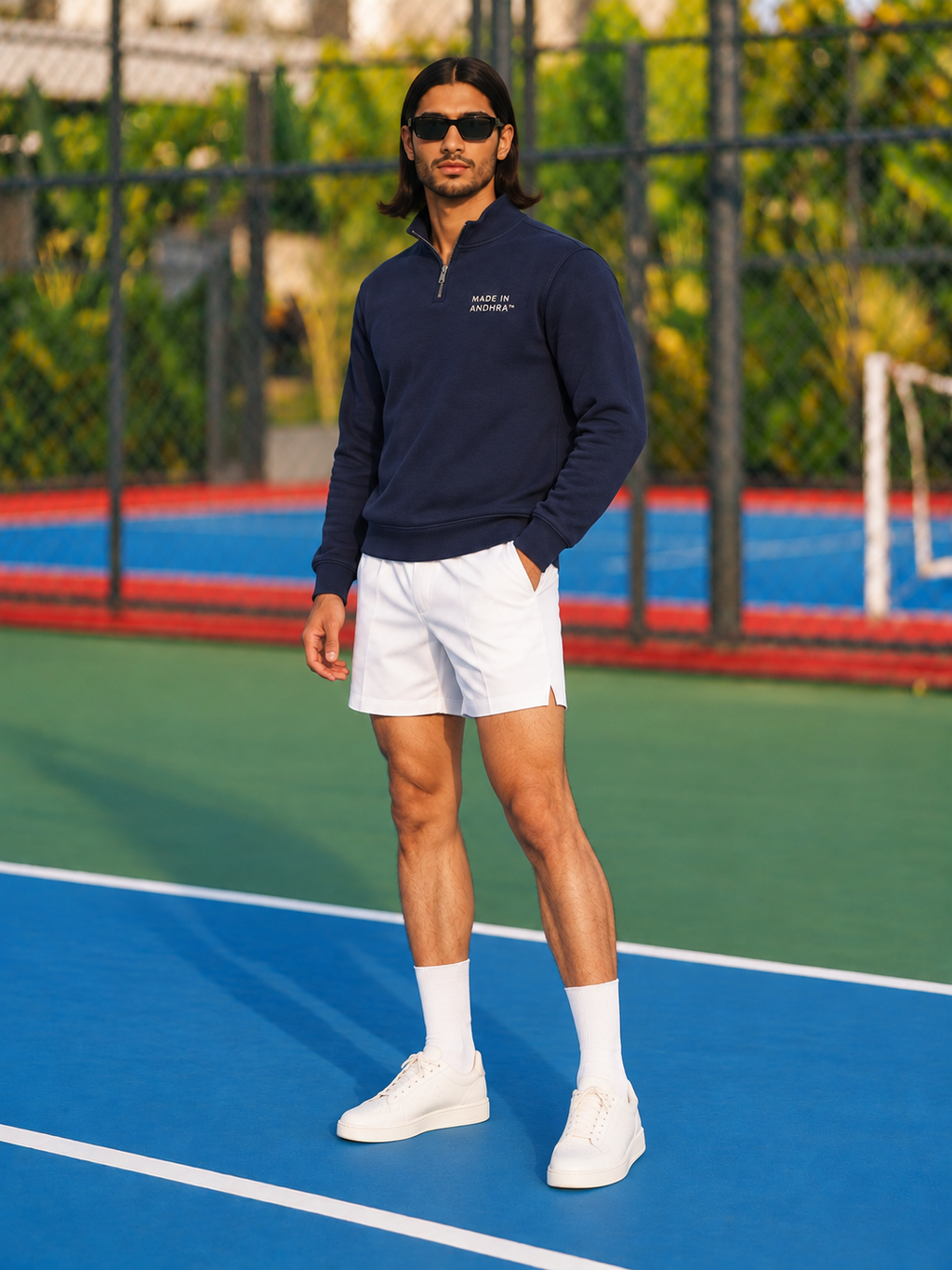 Made in Andhra™ Navy Quarter-Zip Sweatshirt — men threequarter
