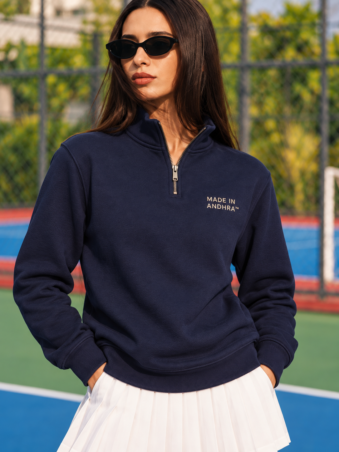 Made in Andhra™ Navy Quarter-Zip Sweatshirt — women close-up of product artwork or texture