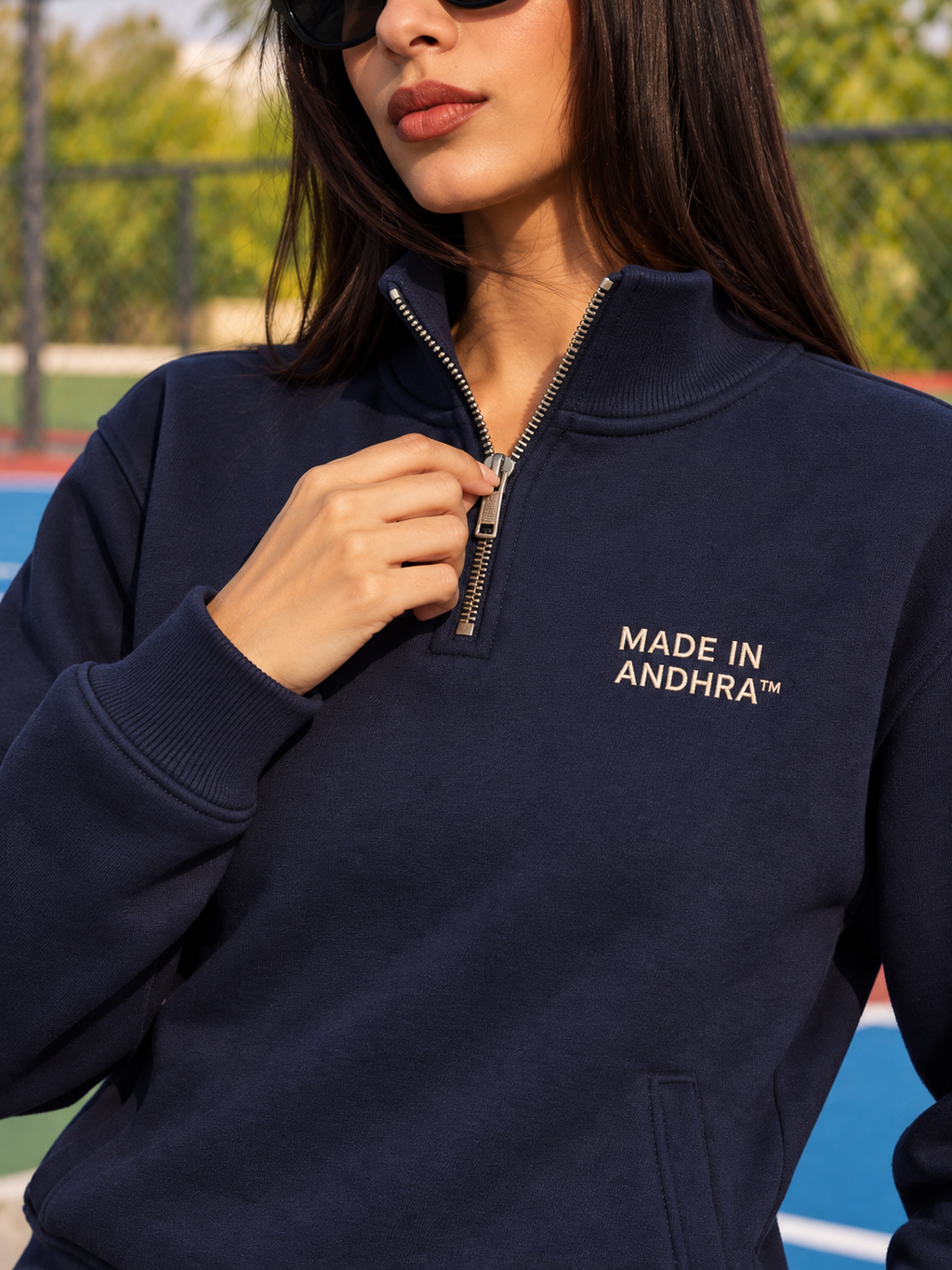 Made in Andhra™ Navy Quarter-Zip Sweatshirt — women close-up of construction and finishing