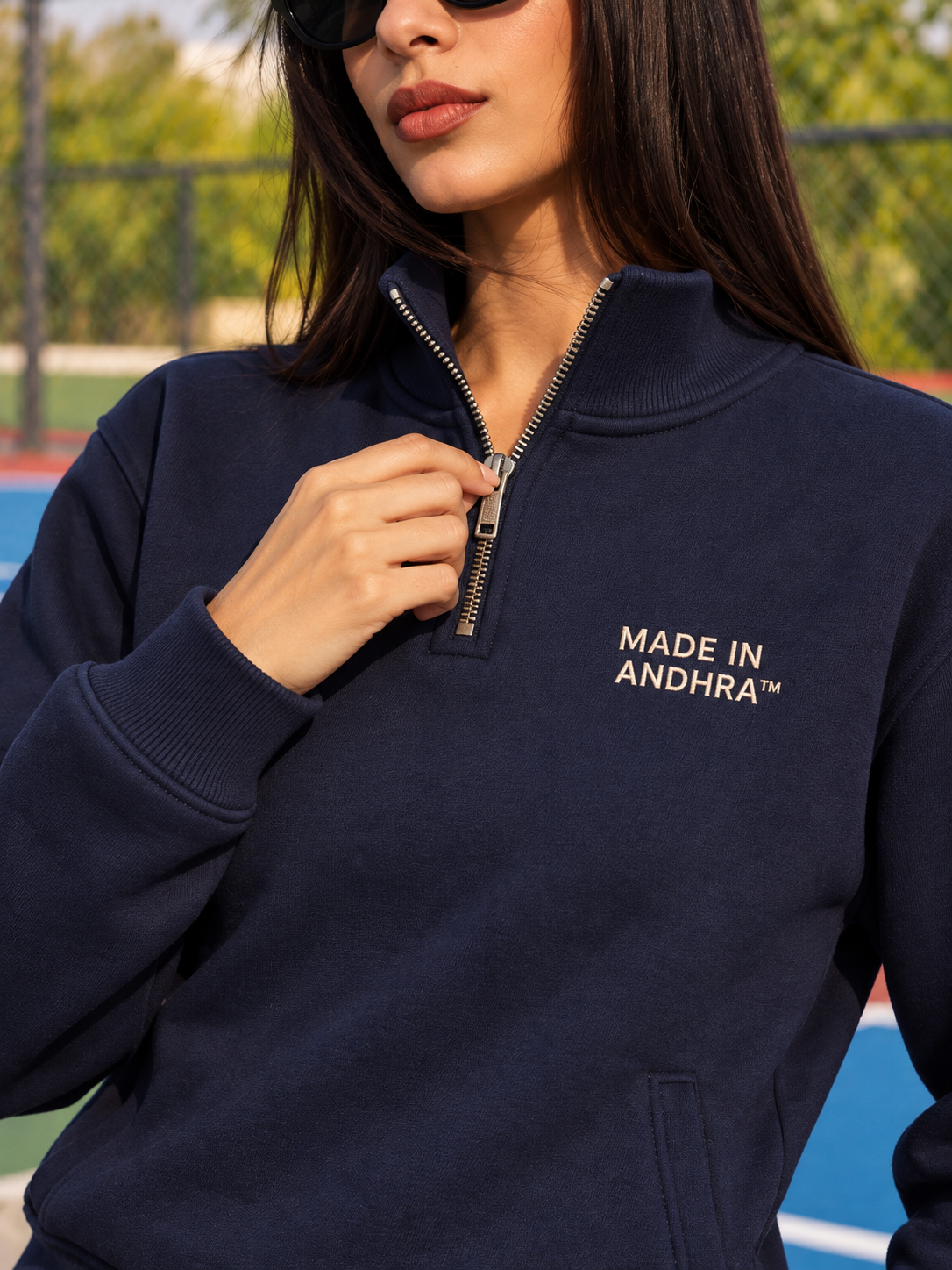 Made in Andhra™ Navy Quarter-Zip Sweatshirt — women close-up of construction and finishing